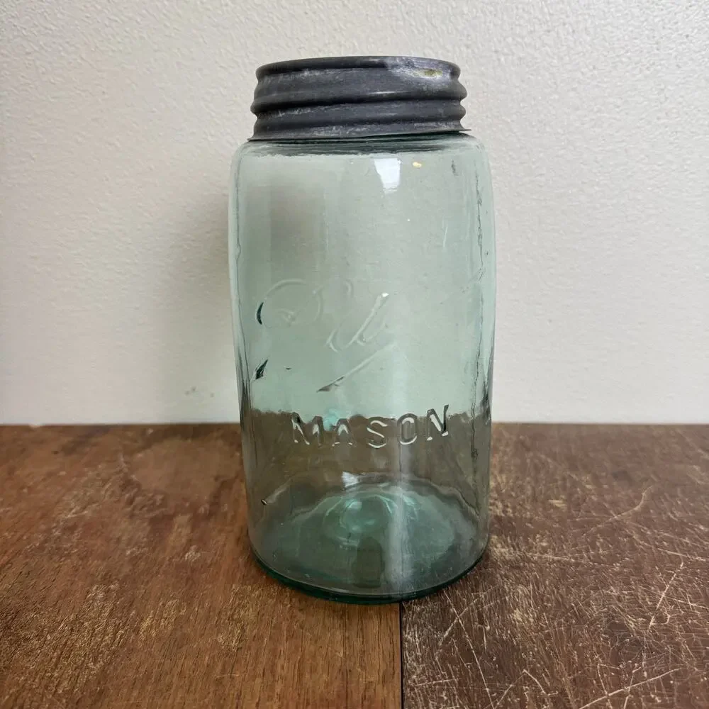 Antique‎ 1900-1910 Aqua Blue Ball Mason No Shoulder Lazy L Jar Zinc Lid